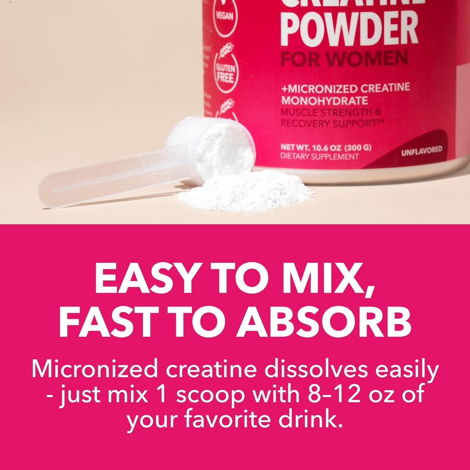 Micronized Creatine Monohydrate Powder for Women, Unflavored, 10.6 Oz (100 Servings)